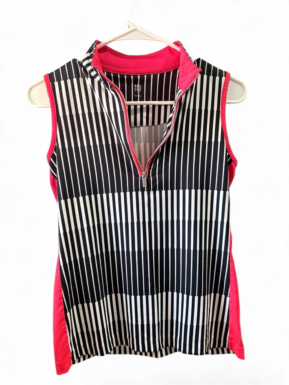 Tai Black & Pink Striped Sleeveless Zip Golf Tank